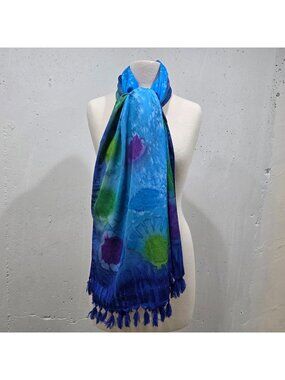 Handmade Blue & Green Floral Batik on Silk Scarf Tassels Wrap 68"x42"